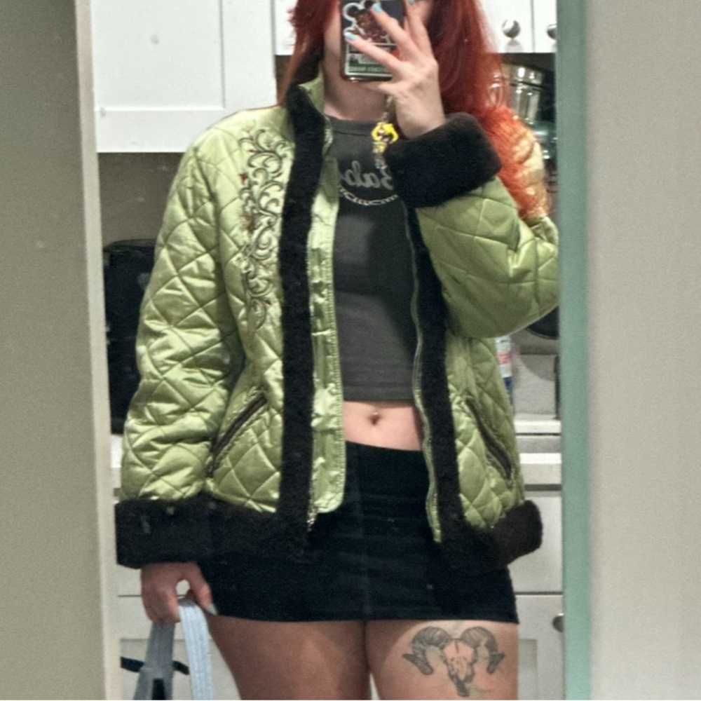 Quilted Cache Green Jacket with Black faux fur Trim